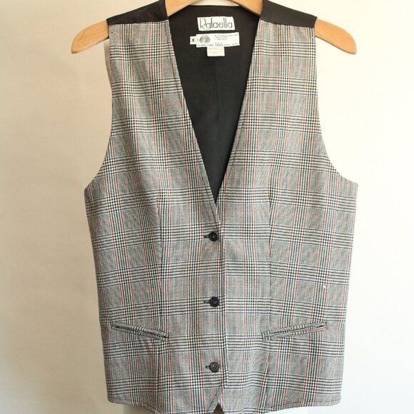 Vintage 1980s Unisex Vest, Rafaella Black White and Red Plaid Wool, Size Medium - Picture 2 of 10